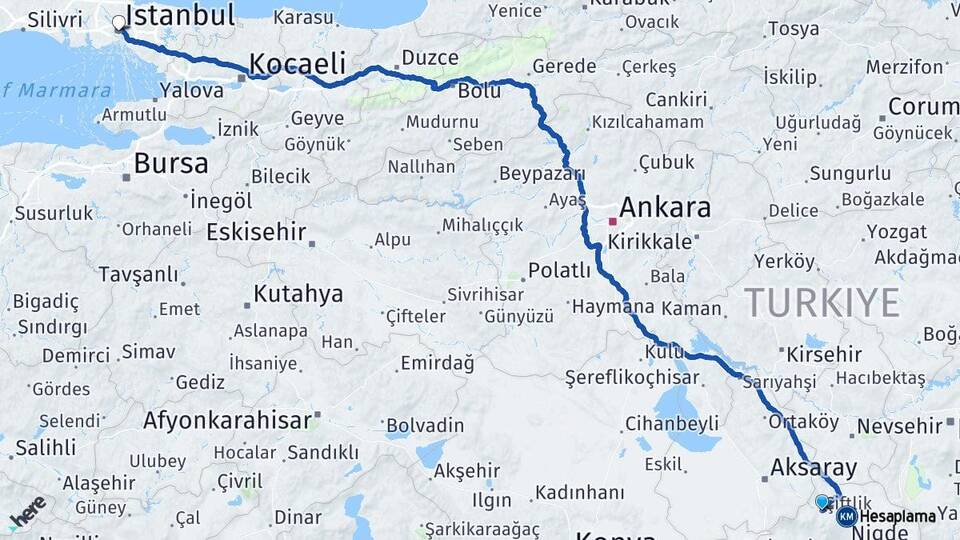 Niğde Çiftlik İstanbul Arası Kaç Km - Yol Haritası
