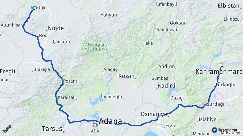 Niğde Çiftlik Kahramanmaraş Arası Kaç Km - Yol Haritası