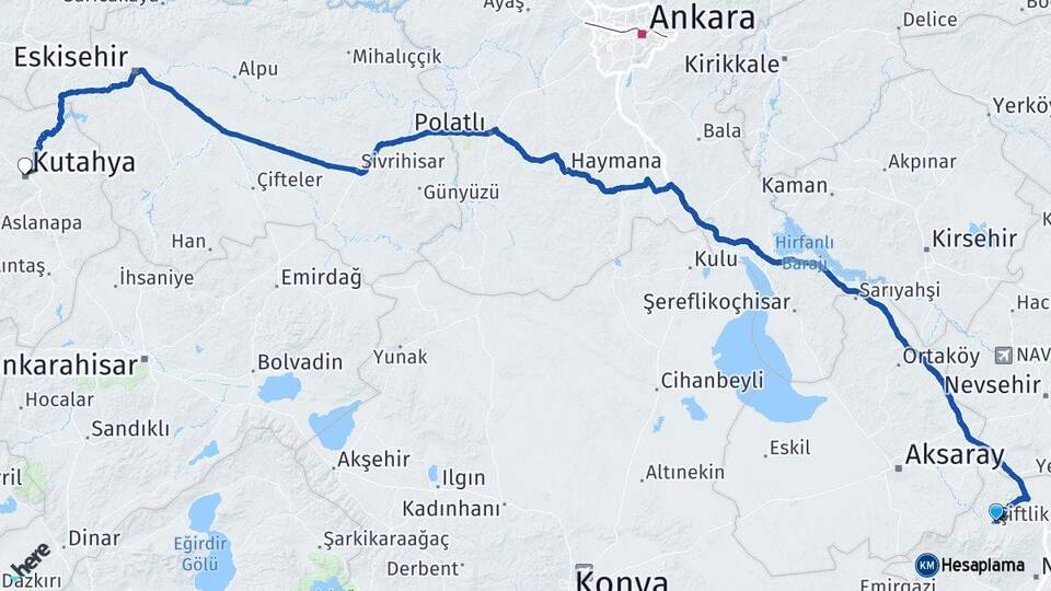 Niğde Çiftlik Kütahya Arası Kaç Km - Yol Haritası