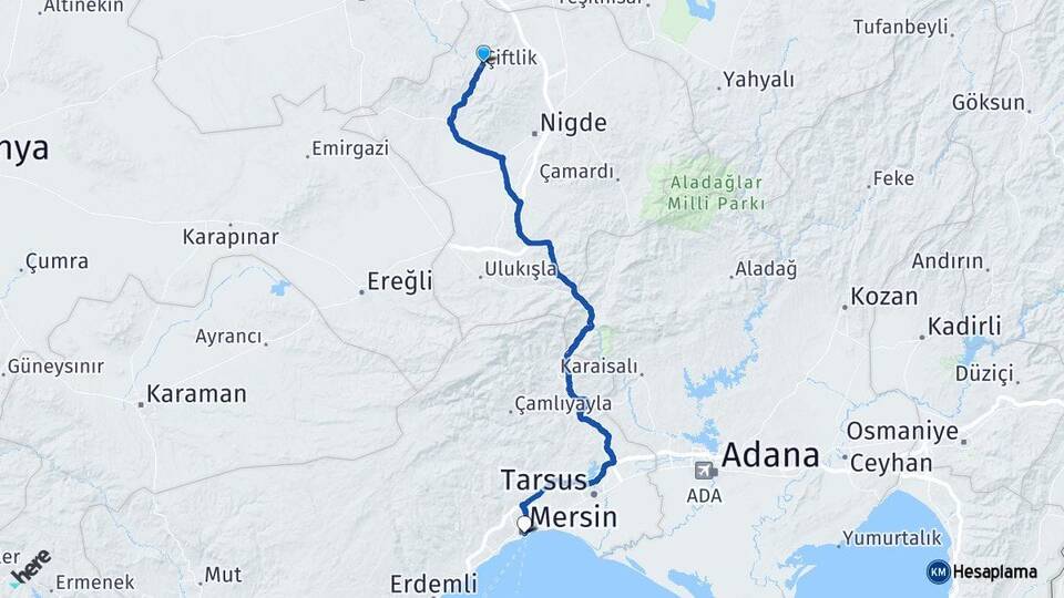 Niğde Çiftlik Mersin Arası Kaç Km - Yol Haritası