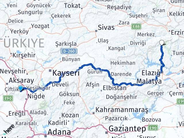 Niğde Çiftlik Ovacık Tunceli Arası Kaç Km - Yol Haritası