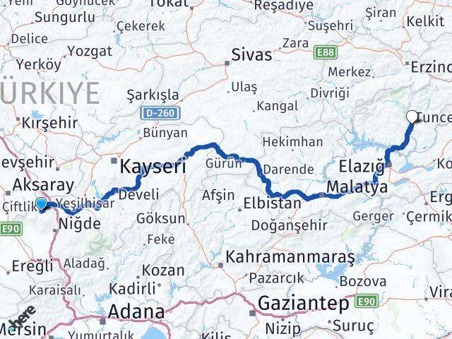 Niğde Çiftlik Tunceli Arası Kaç Km - Yol Haritası