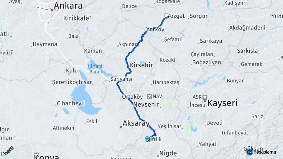 Niğde Çiftlik Yozgat Arası Kaç Km - Yol Haritası