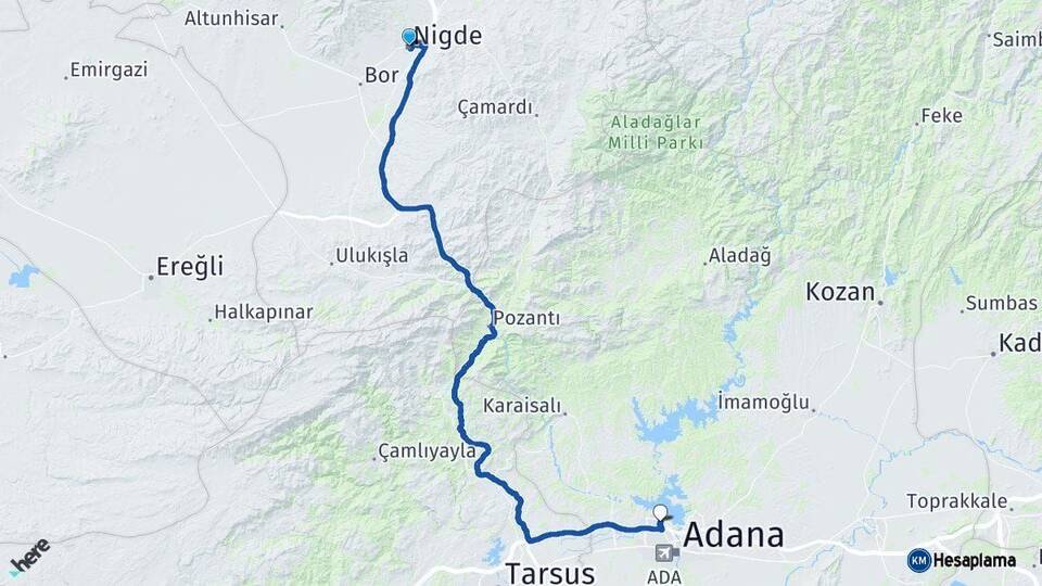 Niğde Çukurova Adana Arası Kaç Km - Yol Haritası