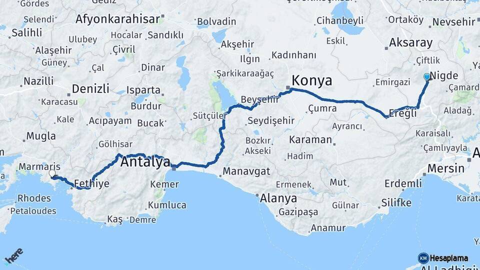 Niğde Dalaman Muğla Arası Kaç Km - Yol Haritası