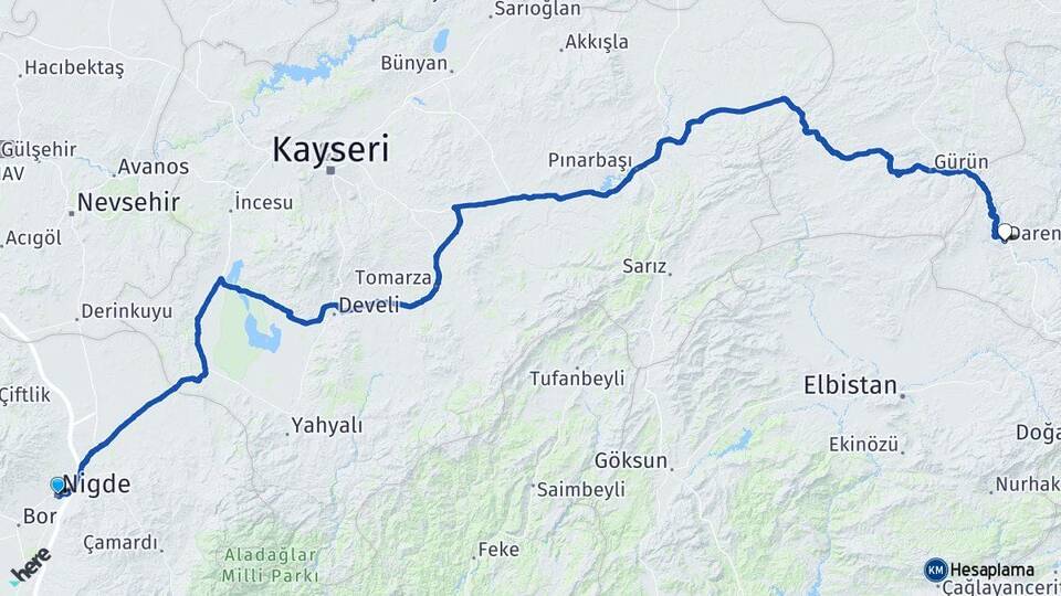 Niğde Darende Malatya Arası Kaç Km - Yol Haritası