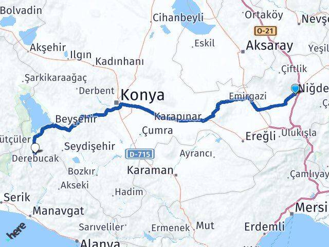 Niğde Derebucak Konya Arası Kaç Km - Yol Haritası