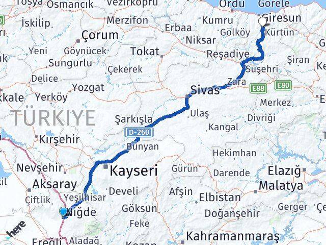 Niğde Dereli Giresun Arası Kaç Km - Yol Haritası