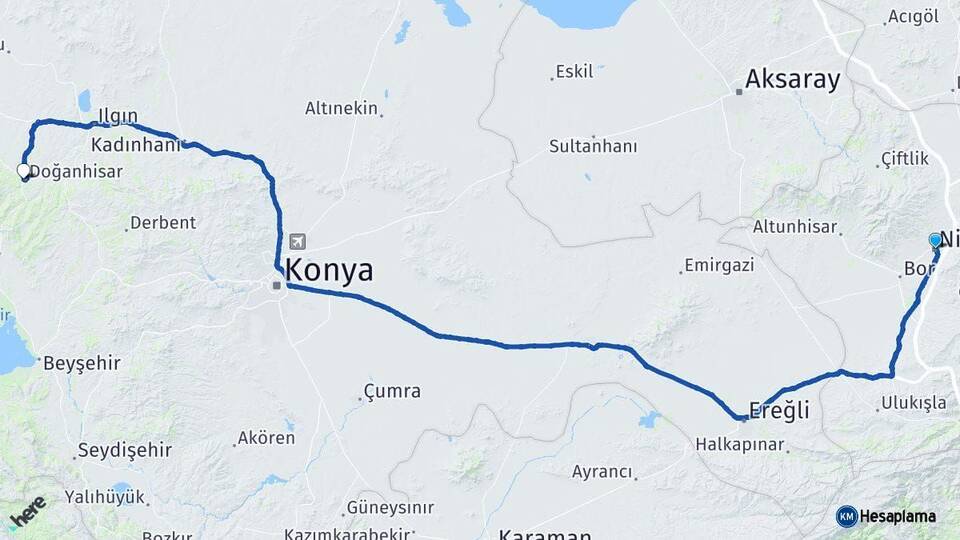 Niğde Doğanhisar Konya Arası Kaç Km - Yol Haritası