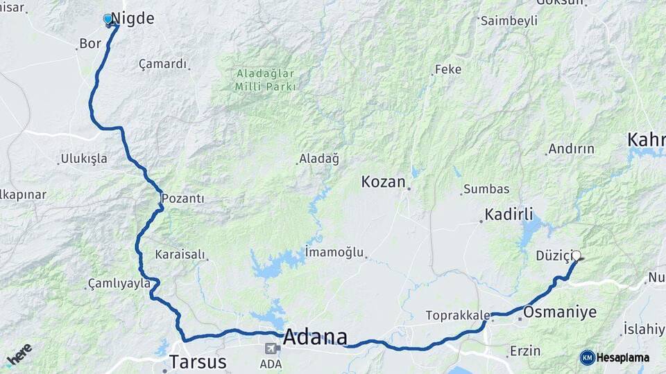 Niğde Düziçi Osmaniye Arası Kaç Km - Yol Haritası