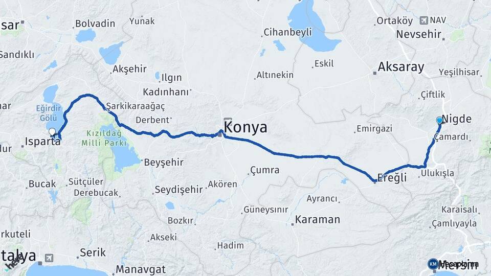 Niğde Eğirdir Isparta Arası Kaç Km - Yol Haritası