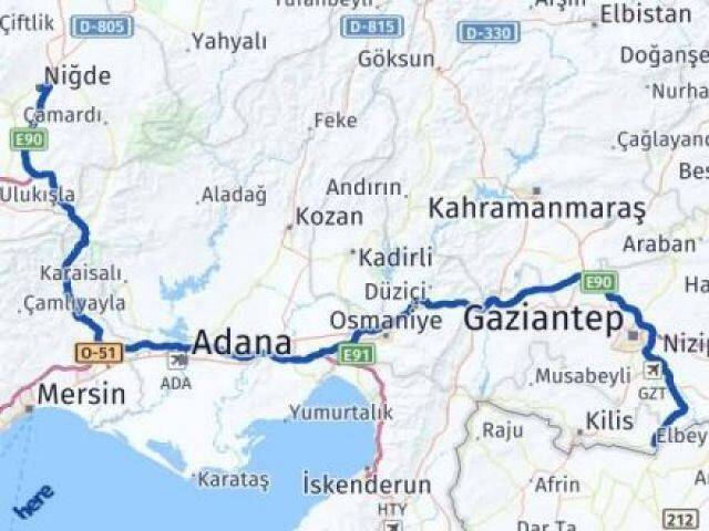 Niğde Elbeyli Kilis Arası Kaç Km - Yol Haritası