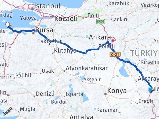 Niğde Erdek Balıkesir Arası Kaç Km - Yol Haritası