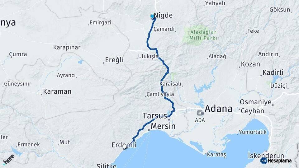 Niğde Erdemli Mersin Arası Kaç Km - Yol Haritası