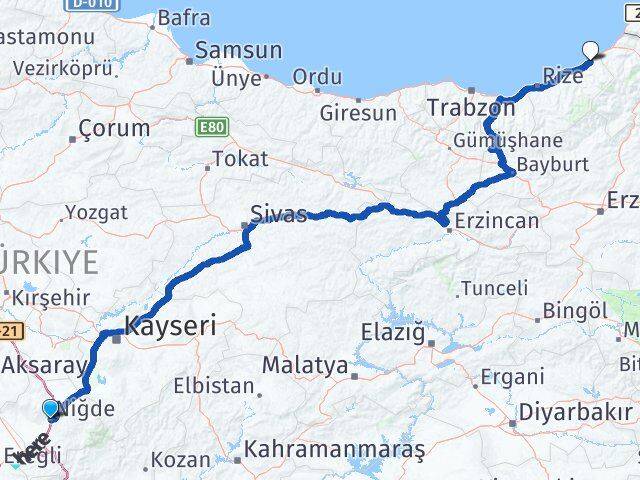 Niğde Fındıklı Rize Arası Kaç Km - Yol Haritası