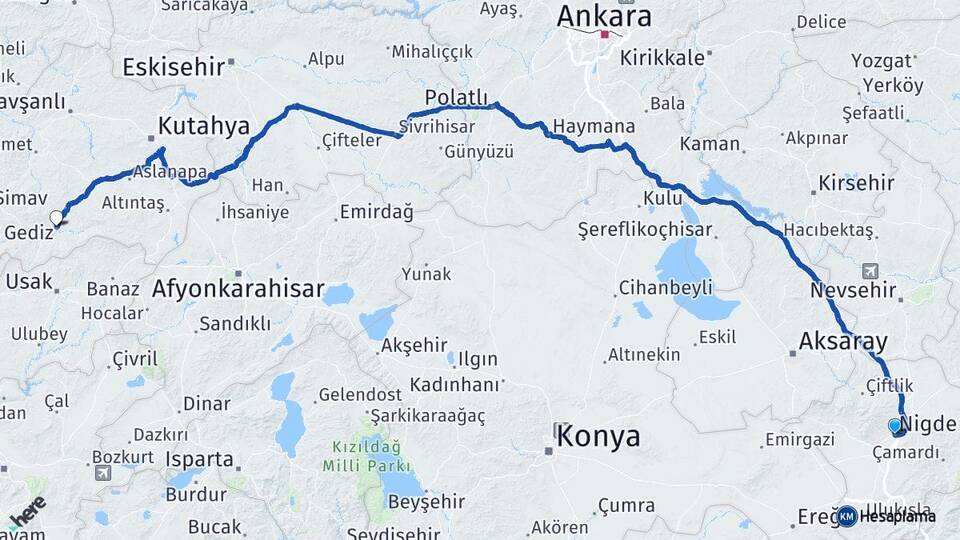 Niğde Gediz Kütahya Arası Kaç Km - Yol Haritası