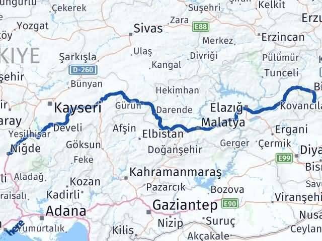 Niğde Genç Bingöl Arası Kaç Km - Yol Haritası