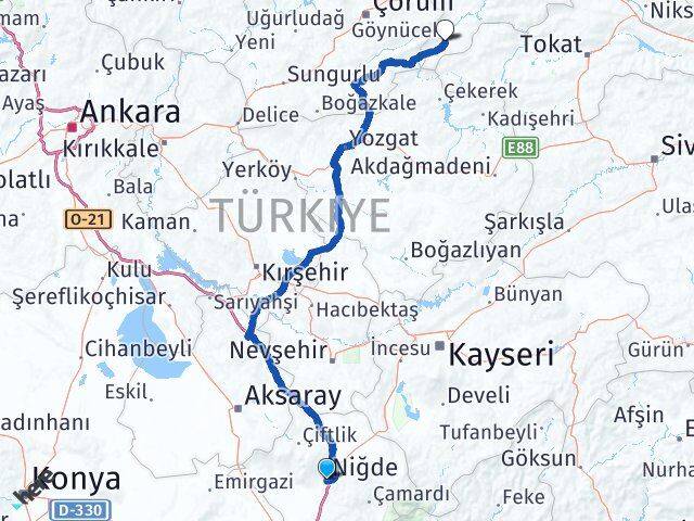 Niğde Göynücek Amasya Arası Kaç Km - Yol Haritası