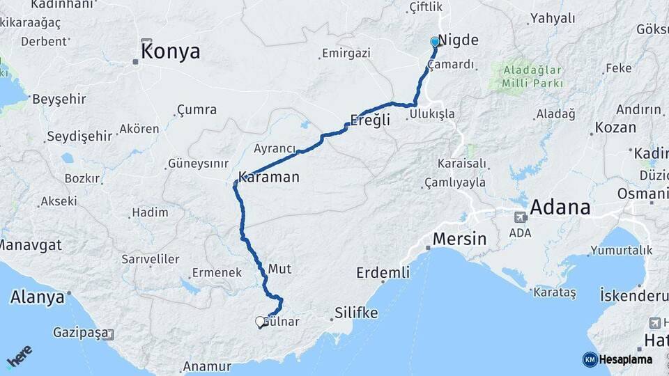 Niğde Gülnar Mersin Arası Kaç Km - Yol Haritası