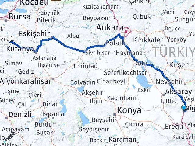 Niğde Harmancık Bursa Arası Kaç Km - Yol Haritası