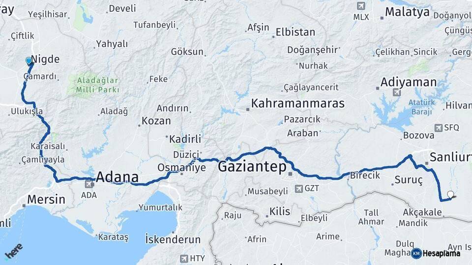 Niğde Harran Şanlıurfa Arası Kaç Km - Yol Haritası