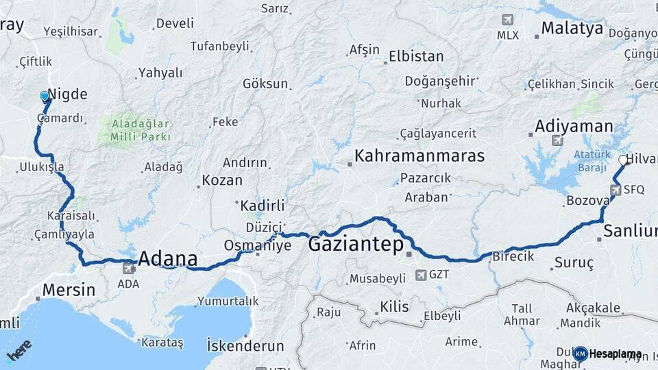 Niğde Hilvan Şanlıurfa Arası Kaç Km - Yol Haritası