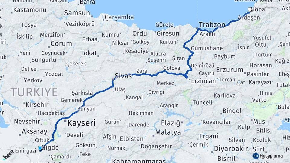 Niğde Hopa Artvin Arası Kaç Km - Yol Haritası