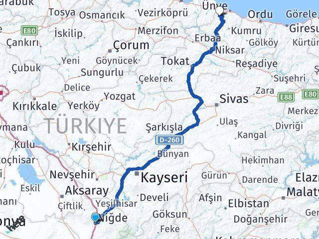 Niğde İkizce Ordu Arası Kaç Km - Yol Haritası