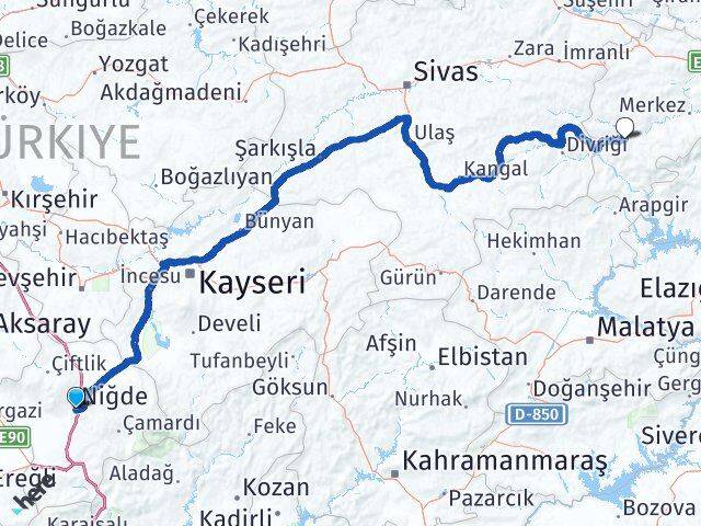 Niğde İliç Erzincan Arası Kaç Km - Yol Haritası