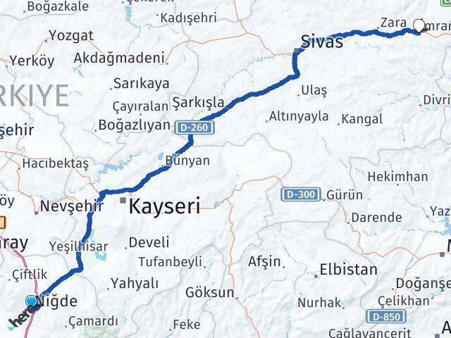 Niğde İmranlı Sivas Arası Kaç Km - Yol Haritası