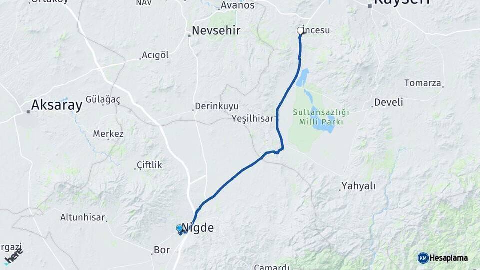 Niğde İncesu Kayseri Arası Kaç Km - Yol Haritası
