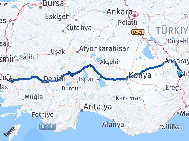 Niğde İncirliova Aydın Arası Kaç Km - Yol Haritası
