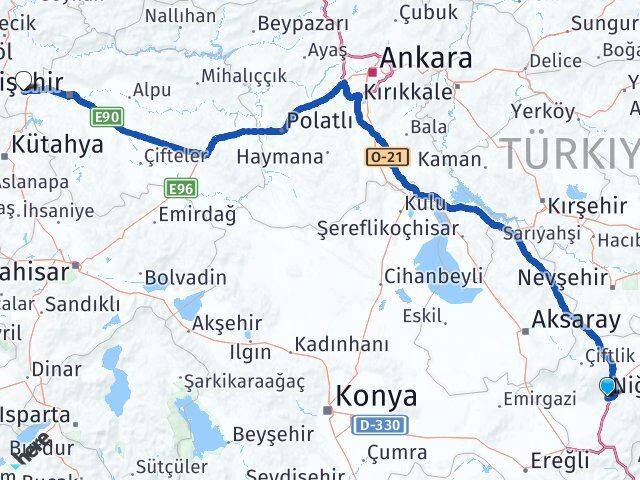 Niğde İnönü Eskişehir Arası Kaç Km - Yol Haritası