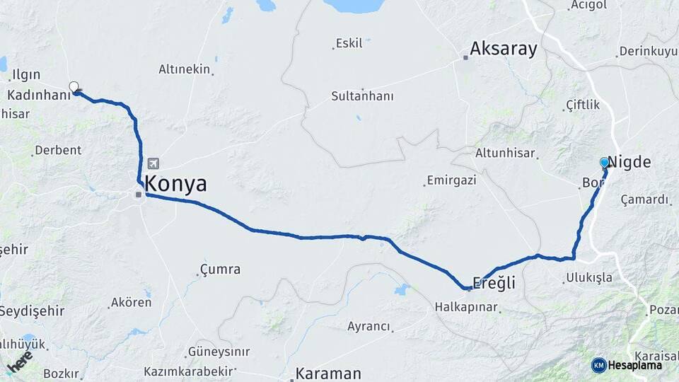 Niğde Kadınhanı Konya Arası Kaç Km - Yol Haritası