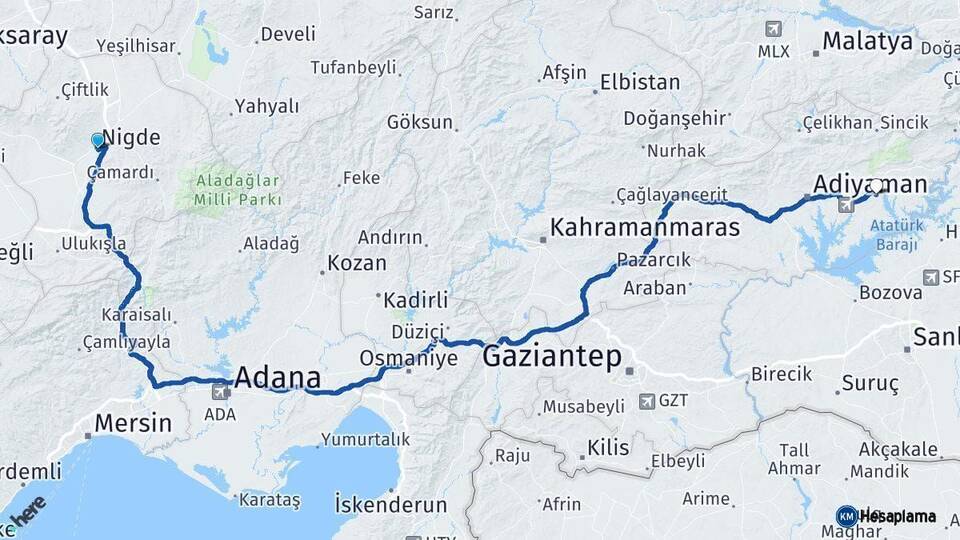 Niğde Kahta Adıyaman Arası Kaç Km - Yol Haritası