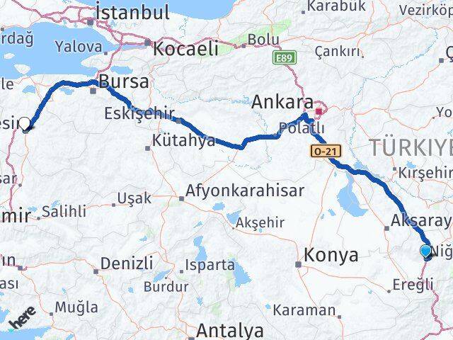 Niğde Karesi Balıkesir Arası Kaç Km - Yol Haritası