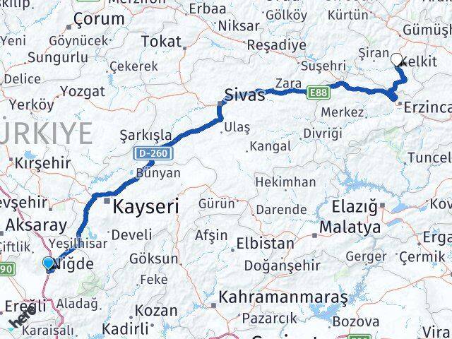 Niğde Kelkit Gümüşhane Arası Kaç Km - Yol Haritası