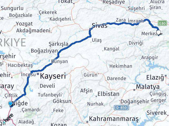 Niğde Kemah Erzincan Arası Kaç Km - Yol Haritası