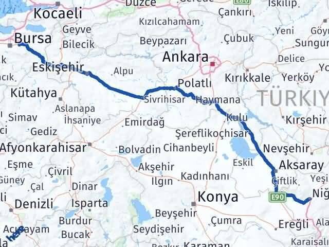 Niğde Kestel Bursa Arası Kaç Km - Yol Haritası