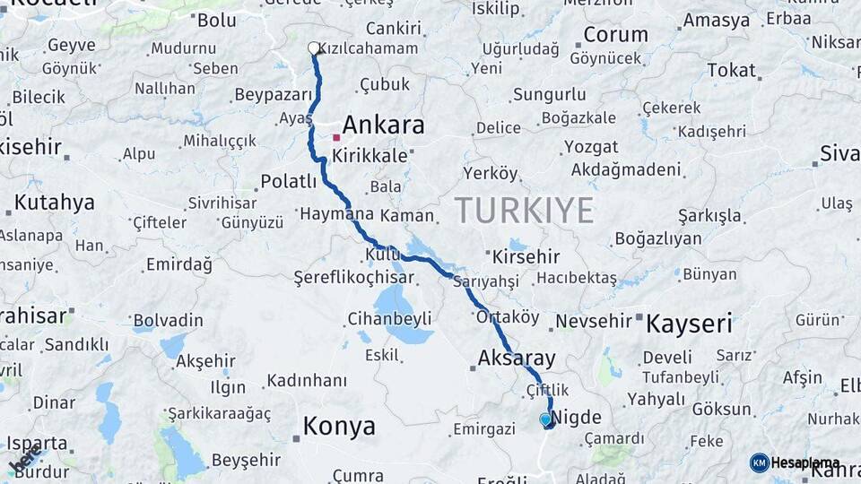 Niğde Kızılcahamam Ankara Arası Kaç Km - Yol Haritası