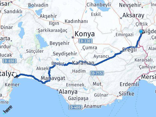 Niğde Konyaaltı Antalya Arası Kaç Km - Yol Haritası