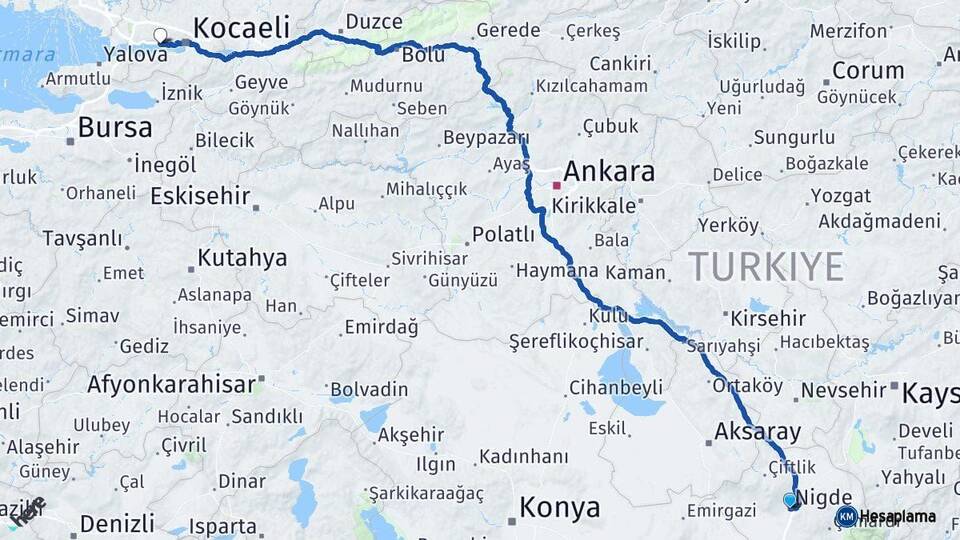 Niğde Körfez Kocaeli Arası Kaç Km - Yol Haritası