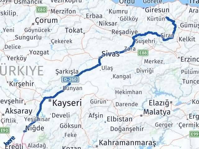 Niğde Kürtün Gümüşhane Arası Kaç Km - Yol Haritası