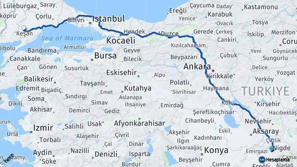 Niğde Malkara Tekirdağ Arası Kaç Km - Yol Haritası