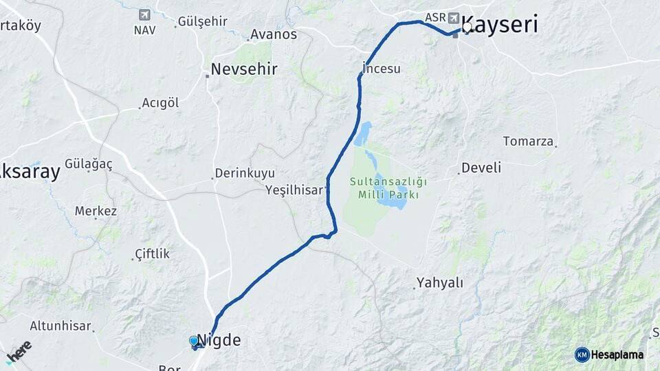Niğde Melikgazi Kayseri Arası Kaç Km - Yol Haritası