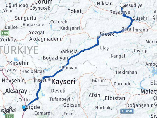 Niğde Mesudiye Ordu Arası Kaç Km - Yol Haritası