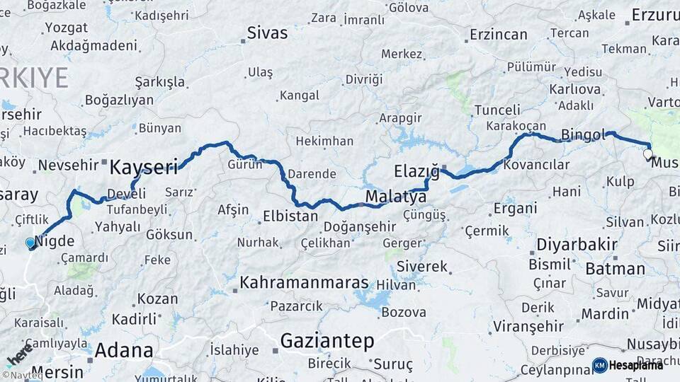 Niğde Muş Arası Kaç Km - Yol Haritası
