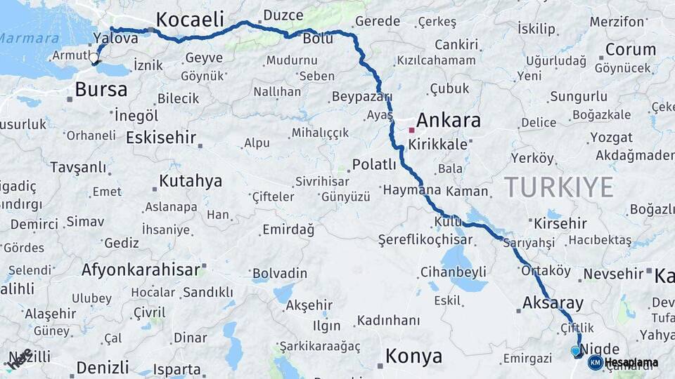 Niğde Orhangazi Bursa Arası Kaç Km - Yol Haritası