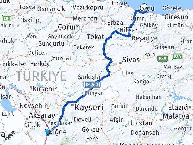 Niğde Perşembe Ordu Arası Kaç Km - Yol Haritası