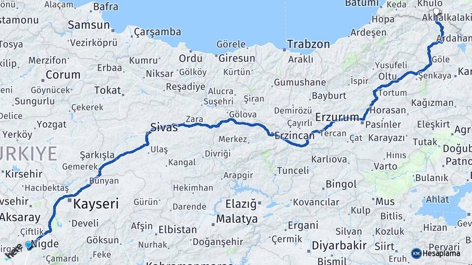 Niğde Posof Ardahan Arası Kaç Km - Yol Haritası
